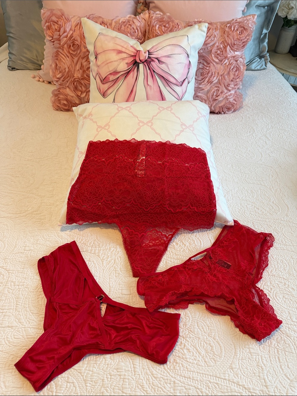 NWT Victoria Secret Trio Red Lace & Satin Panty Set